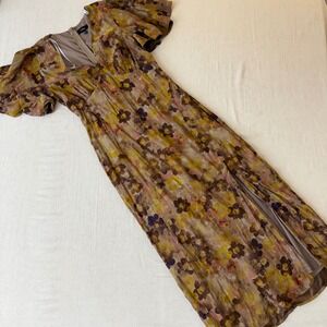 Lulus LD2362B1L1 Floral V-Neck Flutter Sleeve Maxi Dress Mustard Brown Size L